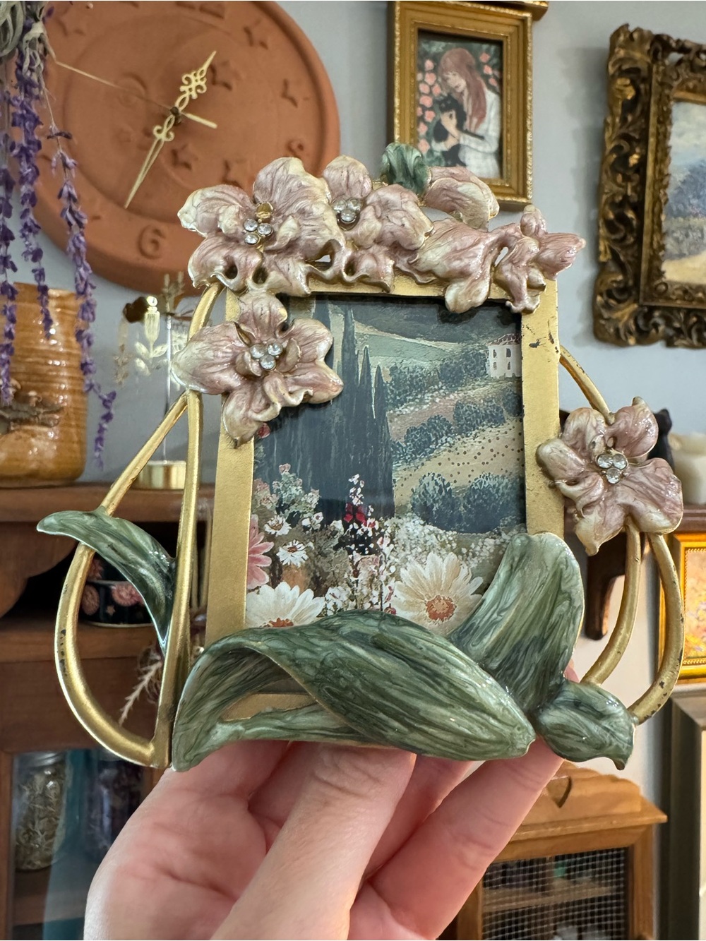Vintage Metal Floral Mini Picture Frame with Cottage Core Print